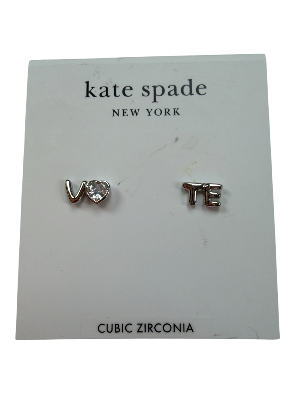 Kate Spade New York "Have Your Say" stud earrings silver  "VOTE" cubic zirconia - Picture 2 of 3